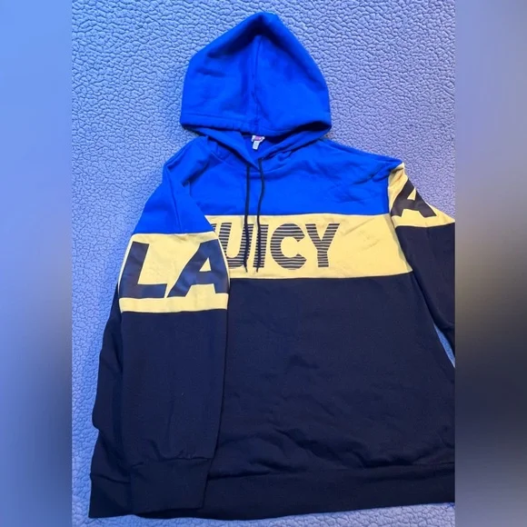 Juicy Couture Juice Pullover Hoodie Womens Size XL Blue And Yellow Oversized - Picture 12 of 13